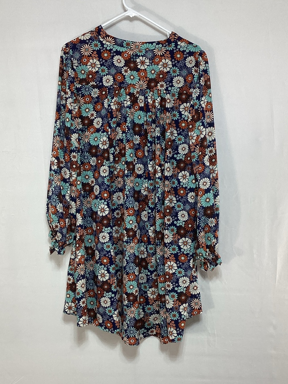 Umgee Large Floral Tiered Long-Sleeve Dress in Teal, Brown & White - Picture 5 of 11